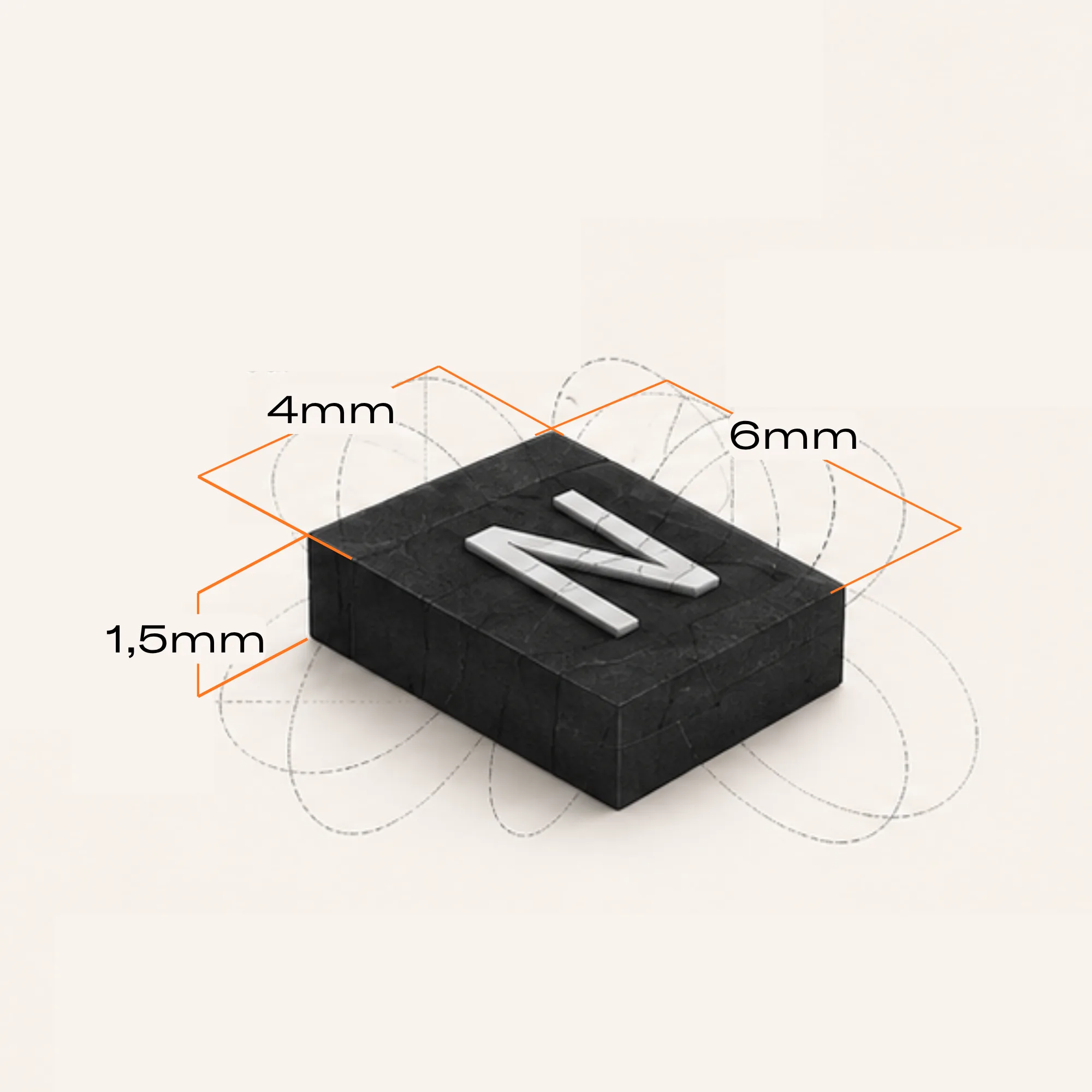 Visualisation schématique d’un aimant isolé avec les cotes 4 mm, 6 mm et 1,5 mm.